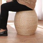 Round Bohemian Rattan Ottoman, Handwoven Seagrass Pouf Chair for Living Room Bedroom Patio Garden (12.2"x12.2"x16.5")