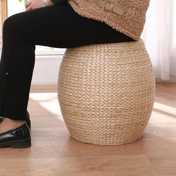 Round Bohemian Rattan Ottoman, Handwoven Seagrass Pouf Chair for Living Room Bedroom Patio Garden (12.2"x12.2"x16.5")