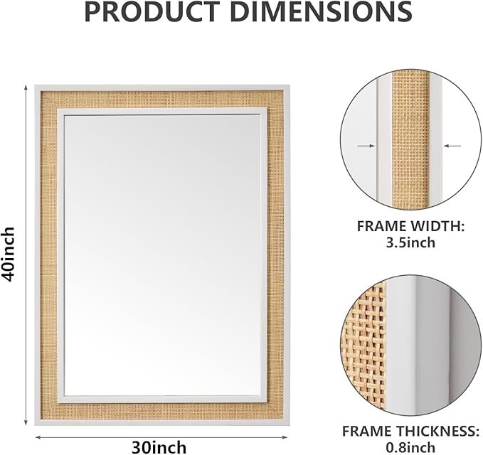 Rectangle Rattan Mirror, 30"x40" Rattan Wall Mirror for Bathroom, Large Farmhouse Wooden Mirror with Handmade Wicker Frame, Decorative Boho Mirror for Nursery Bedroom Living Room Entryway White