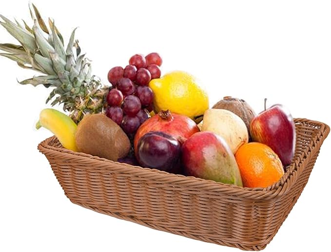 Yarlung 2 Pack Woven Bread Basket, Plastic Wicker Fruit Baskets 15.7 x 11.4 Inch, Imitation Rattan Food Serving Trays for Vegetables, Kitchen, Restaurant, Outdoor, Brown
