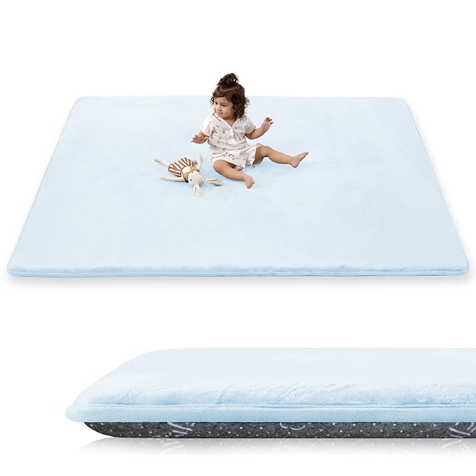 1.5" Thick Baby Play Mat for Floor, 39x59 Playpen Mat, Pro Soft Flannel Foam Mats Toddler Infant Kids Crawling for Nursery Rug Playroom Living Room Waterproof Easy Care Non-Slip (Baby Blue)