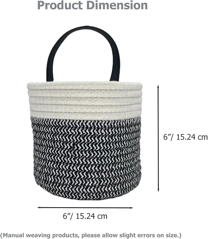 Cotton Rope Hanging Baskets for Organizing 2 Pcs Round Small Wall Basket with Handles Woven Organizer Storage Basket for Kitchen Bedroom Living Room Office(6”x6”, Black & White)