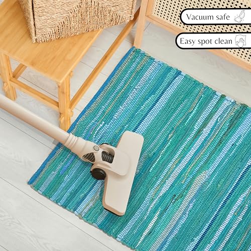 Cotton Hand Woven Chindi Rug 2x3 Feet - Teal, Reversible Accent Front Door Mat Ideal for Kitchen, Entryway, Laundry Room | Green Durable Farmhouse Indoor Outdoor Floor Rag Rugs Ideal for Kids Space - color: Teal, size: 2 x 3 feet