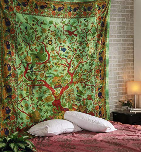Tree of Life Indian Mandala Curtain Wall Hanging Balcony Wall Drapes 82 x 26 Inch Mandala Window Curtains Wall Panels Boho Decor Tapestry Hippie Psychedelic Window Treatment for Bed Room - color: Green, size: 52"W x 82"L (Pack of 1)