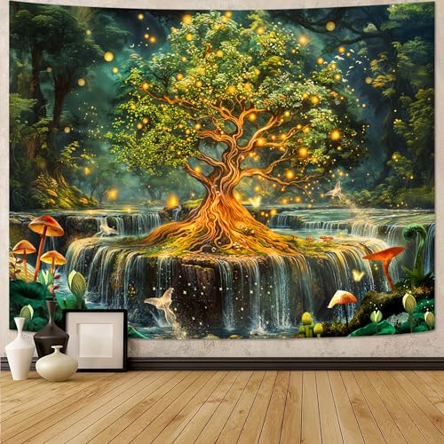 Spenlife Enchanted Tree of Life Tapestry Fantasy Tapestry for Bedroom Green and Gold Tapestries Wall Hanging Bedroom Living Room Wall Art and Home Decor 44x60 - color: Gold, size: 60"L x 44"W