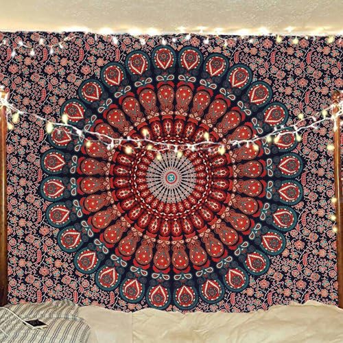 Bless International Handmade Indian hippie Bohemian Psychedelic Peacock Mandala Wall hanging College Dorm Beach Throws Table Cloth Bedding Tapestry (Golden Blue, Twin(54x72Inches)(140x185cms)) - color: Golden Blue, size: 72"L x 54"W