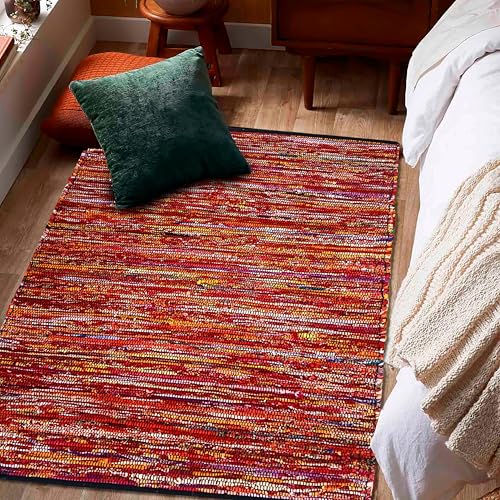 Ramanta Home Cotton Chindi Hand Woven Rug - 3x5 ft Multi Color, Reversible Area Rugs for Living Room, Kitchen, Bedroom, Biodegradable Bohemian Throw Carpet for Hpme & Office Patio - 36x60 Inches - color: Multi Color, size: 3 x 5 feet