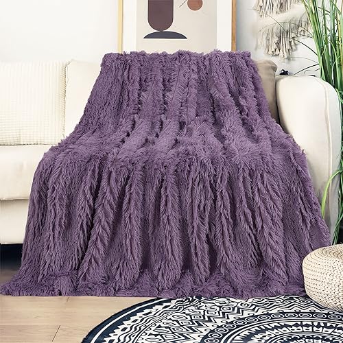 Tuddrom Decorative Extra Soft Fuzzy Faux Fur Throw Blanket 50" x 60",Solid Reversible Long Hair Shaggy Blanket,Fluffy Plush Comfy Microfiber Fleece Blanket for Couch Sofa Bedroom,Patrican Purple - color: Patrican Purple, size: Throw-50" x 60"
