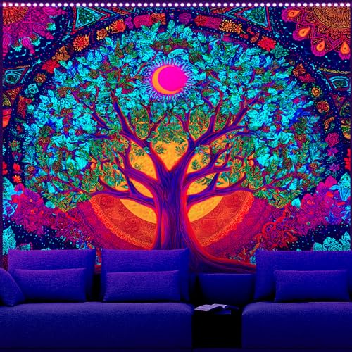 AOHMPT Blacklight Tree of Life Tapestry Trippy Fluorescent Wall Hanging Psychedelic Boho Decor Glow in the Dark Mandala Tapestries for Bedroom Party, 79x59 In - color: Tree(1), size: 79"L x 59"W