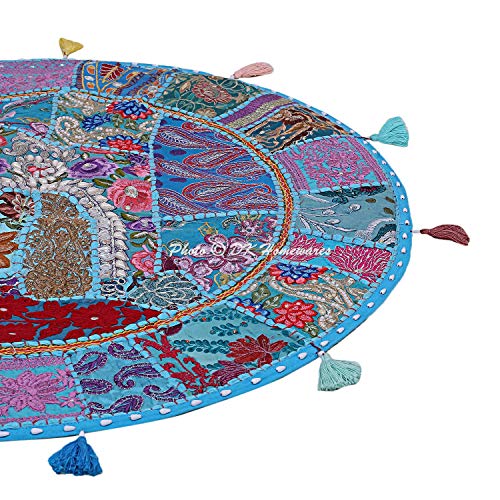 Indian Bohemian Floor Cushion Bohemian Turquoise 22 Inch Patchwork Seating Pouffe Footstool Home Decor Embroidered Vintage Cotton Round Floor Pillow Bohemian 22x22