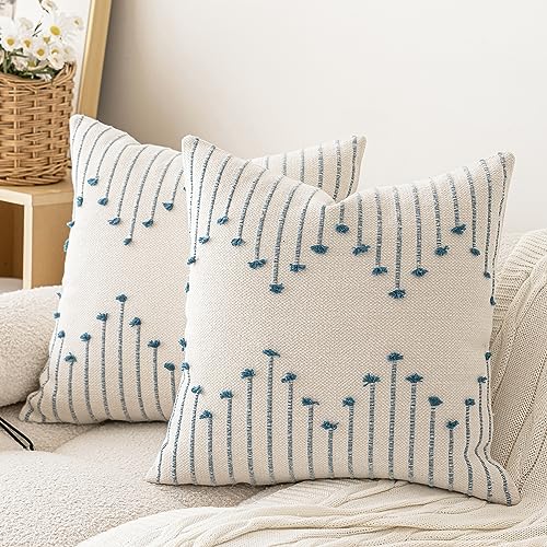 LILEPOY Boho Throw Pillow Covers 18x18 Set of 2 Neutral Decorative Textured Cushion Case Farmhouse Pillowcase Modern Square Pillow Covers for Sofa,Couch, Living Room,Beige and Blue - color: Beige and Blue, size: 18" x 18" (Pack of 2)