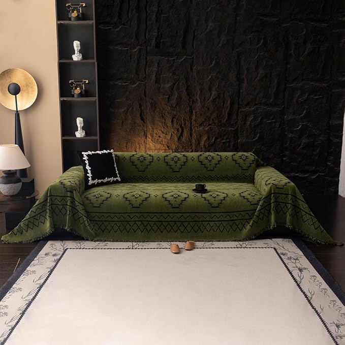 ROOMLIFE Green Couch Cover 3 Cushion Sofa, Washable Non Slip Furniture Sofa Protector Cover, Soft Chenille Sofa Slipcovers Sectional L Shape Dogs Couch Cover Throw Blanket with Tassels 71''X118''