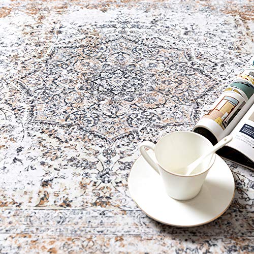 jinchan Area Rug 5x7 Washable Living Room Rug Vintage Traditional Distressed Lightweight Thin Retro Indoor Floor Cover Non Slip Floral Carpet for Bedroom Dining Room Bathroom Kitchen Office Taupe - color: Vintage Taupe, size: 5' x 7' (Rectangular)