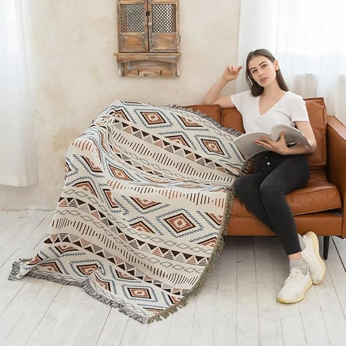 Lqprom Boho Throw Blankets Knit Bed Blankets with Tassel Aztec Western Throws Cover Farmhouse Decor for All Season Sofa Couch Chair Outdoor Camping Picnic Tent Beach Car Traveling 51"x71"