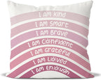 QIYUHOY Boho Rainbow Classroom Throw Pillow Covers, Book Center Calming Corner Playroom Decor Pillow Case, Pink Pillow Cover, I Am Kind Smart Brave Confidence 24x24 Inch Pillowcase(Pink)