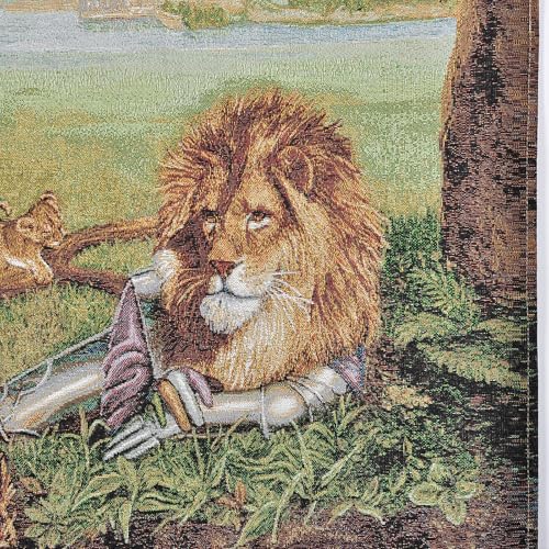 AureoMadis Medieval Tapestry Wall Hanging | Lined Woven Jacquard Forest Lion & Knight Art with Rod Pocket | Vintage Gothic Decor for Living Room - 28.5" x 27" - color: Earthy：Fantasy Lion