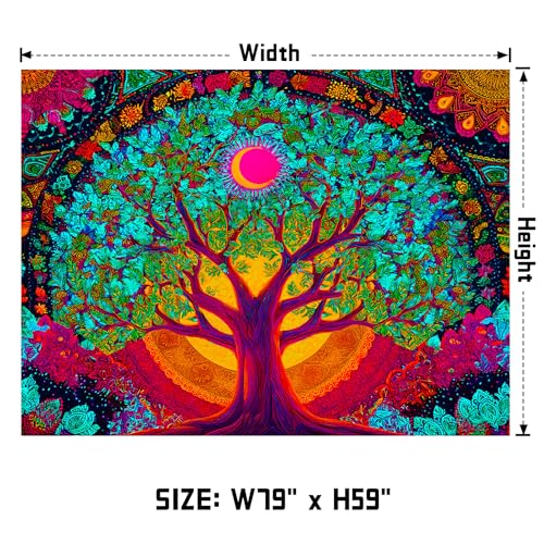 AOHMPT Blacklight Tree of Life Tapestry Trippy Fluorescent Wall Hanging Psychedelic Boho Decor Glow in the Dark Mandala Tapestries for Bedroom Party, 79x59 In - color: Tree(1), size: 79"L x 59"W