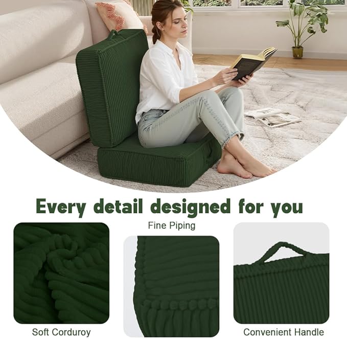 Floor Pillow for Adults Set of 2, 8" Square Floor Cushions with Washable Cover, Large Corduroy Meditation Pillow, 22 inches Tatami Seat with Handle for Living Room or Yoga, Green