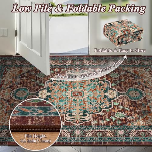 U'Artlines 2x3 Washable Boho Area Rug, Small Non Slip Vintage Doormat for Indoor Front Door Ultra Thin Mat Carpet for Entryway Kitchen Bathroom Bedroom Rust＆Teal - color: Rust＆teal, size: 2' x 3' (Runner)