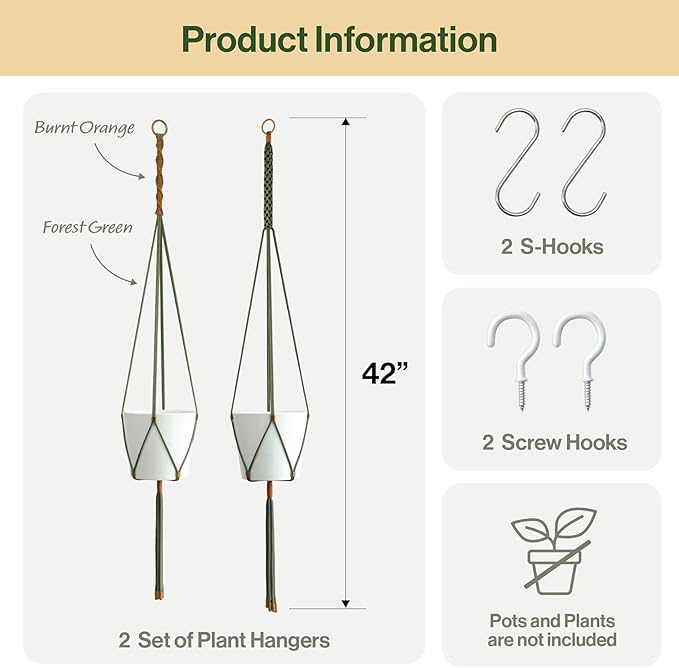 2 Packs Macrame Plant Hanger Colored Braided Polyester Rope Outdoor Indoor Adjustable Hanging Planter for up to 10 Inch Plant Pot Modern Boho Home Decor (Forest Green/Burnt Orange)