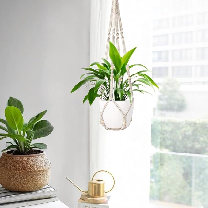1 Pack Macrame Plant Hanger,Hanging Plant Holder, Boho Home Decor Hanging Basket with Wood Beads,Hanging Planters for Indoor Plants,Plant Hanger Indoor 35" Ivory (POTS NOT Included)