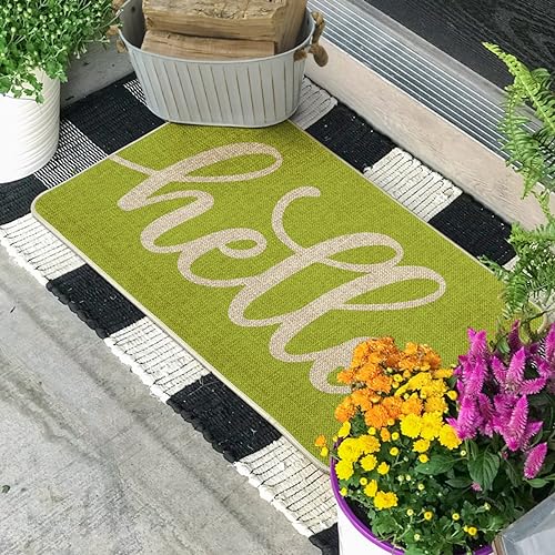 Artoid Mode Green Hello Spring Doormat, Summer Home Decor Low-Profile Switch Rug Door Mat Floor Mat for Indoor Outdoor 17x29 Inch - color: Green, size: 17" x 29"