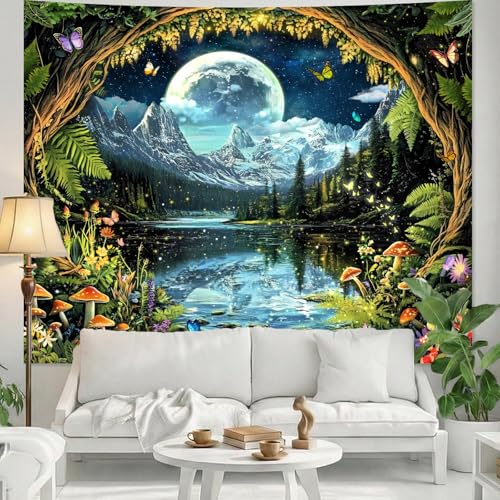 Apdidl Forest Nature Wall Tapestry for Bedroom, Green Landscape ice Mountain Plant Floral Moon Tapestries Aesthetic, Mushroom Butterfly White Clouds River Space Decor Wall Hanging for Living Room（60" x 51") - color: Forest Tapestry, size: 60"L x 51"W