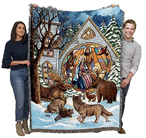 Pure Country Weavers Snowfall Nativity Blanket by Parker Fulton - Jesus Christ Manger with Animals Gift Christmas Tapestry Throw Woven from Cotton - Made in the USA (72x54) - color: Snowfall Nativity