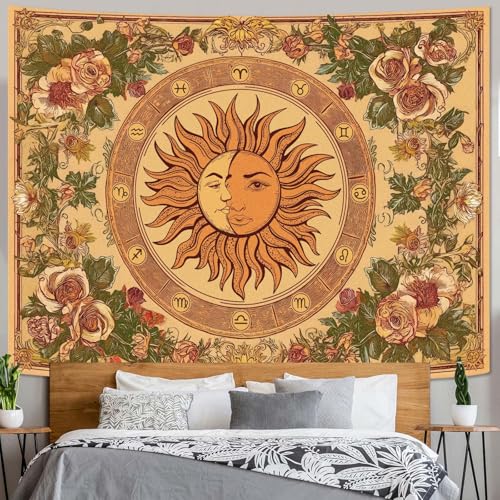 Gruaoihy Yellow Vintage Sun and Moon Tapestry, Boho Indie Aesthetic Constellation Wall Art with Floral Sunflowers for Bedroom Living Room Decor, Orange 36x48 inches - color: Vintage Sun and Moon, size: 48"L x 36"W