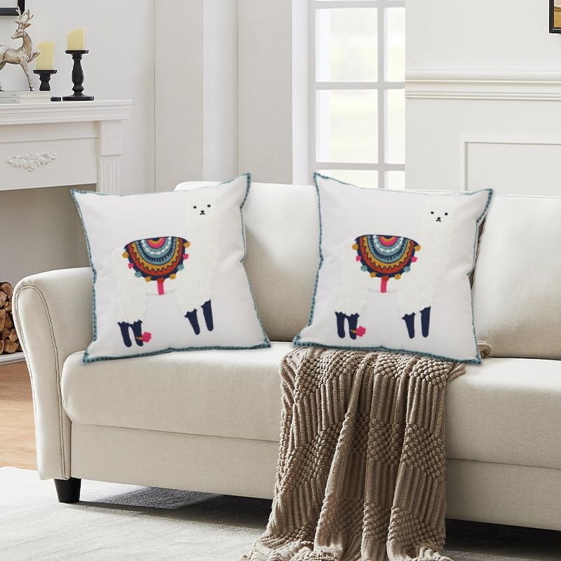 Pack of 2 Embroidered Decorative Throw Pillow Cover 18x18 Inch Farmhouse Floral Pillowcase for Living Room Sofa Bed (White Alpaca) - color: White Alpaca