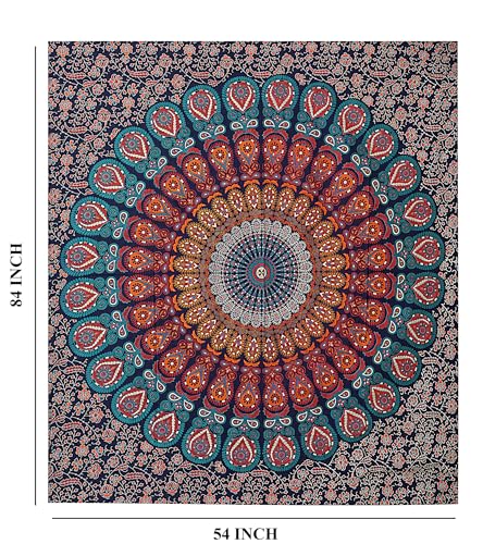 FURNISHFUL FINESSE Handmade Cotton Peacock Mandala Tapestry - Boho Wall Decor, Bohemian Hippie Room Hanging for Bedroom, Dorm & Living Room Aesthetic - 54x84 Inches, (Golden Blue) - color: Golden Blue, size: 84"L x 54"W