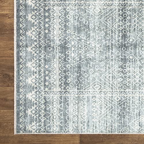 Bloom Rugs Caria Washable Non-Slip 7 ft Runner - Teal/Ivory Geometric Runner for Entryway, Hallway, Bathroom, and Kitchen - Exact Size: 2'6" x 7' - color: Teal / Ivory, size: 2'6" x 7' (Runner)
