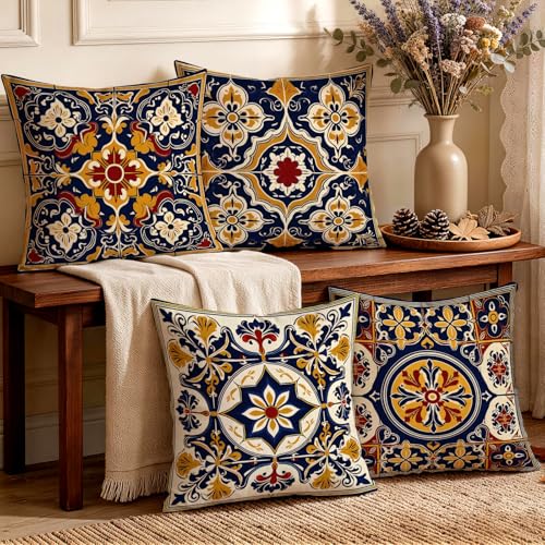 OBSEDE Throw Pillow Covers Set of 4, 18x18 Inch Blue and Yellow Mediterranean Tile Print, Bohemian Floral Decorative Pillow Cases for Sofa Couch Bedroom, Farmhouse Outdoor Home Decor - color: Sicilian Summer, size: 18" x 18" (Pack of 4)