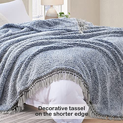 Ultra Soft Fleece Sherpa Blanket King Size,Lightweight Cozy Boho Bed Blanket with Decorative Tassel, Pattern Reversible, 2 Tones Ombre Blue,104”x90” - color: Blue With Tassel, size: King-104" x 90"