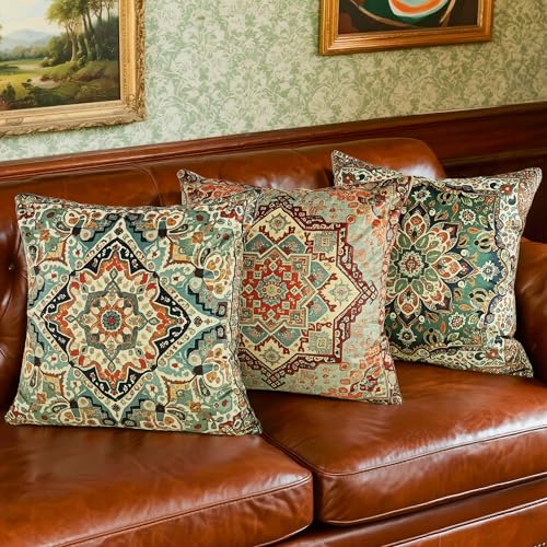 Boho Soft Velvet Throw Pillow Covers 20x20 in Vintage Persian Aztec Rug Tribal Pattern Pillowcases, Antique Ethnic Decor, Geometric Pattern Cushion Cover for Sofa Living Room, Orange, 2 Pack - color: Orange, size: 20" x 20" (Pack of 2)