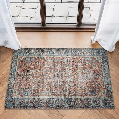 Bloom Rugs Washable Non-Slip 2' x 3' Rug - Orange/Blue Traditional Oriental Area Rug for Living Room, Bedroom, Dining Room, and Kitchen - Exact Size: 2' x 3' - color: Orange / Blue, size: 2' x 3' (Rectangular)