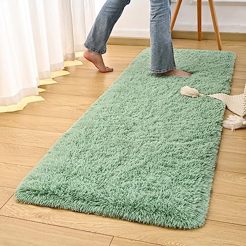 DweIke Fluffy Sage Green Runner Rugs for Bedroom, 2x6 Feet Soft Plush Long Runners for Girls Boys Kids, Non-Slip and Machine Washable Bedside Rug, Small Throw Carpet for Hallway Rooms Decor - color: Green, size: 2 Ft X 6 Ft