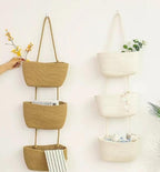Hanging Baskets for Organizing,Over the Door Organizers and Storage,3-Tier Woven Cotton Wall-Mounted Storage Organizer Bag Decorative,Kitchen,Living Room,Bathroom,Bedroom,White