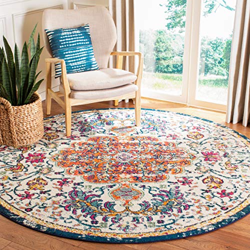 SAFAVIEH Madison Collection Area Rug - 3' Round, Ivory & Orange, Boho Chic Medallion Distressed Design, Non-Shedding & Easy Care, Ideal for High Traffic Areas in Living Room, Bedroom (MAD447A) - color: Ivory/Orange, size: 3' (Round)