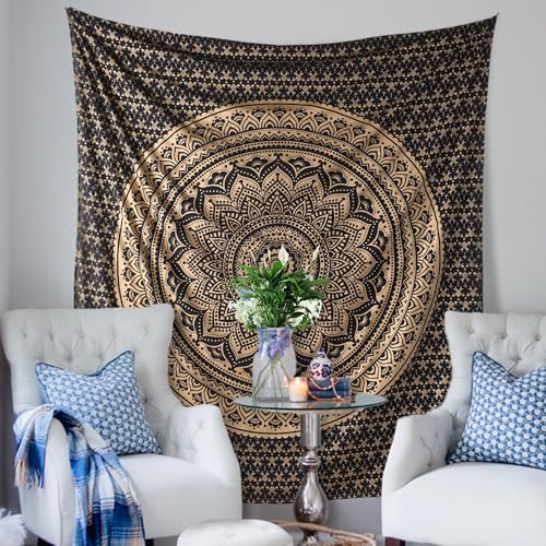 THE ART BOX Black Gold Ombre Tapestry Wall Hanging Mandala – Bohemian Room Decor – Cotton Throw Tapestry – Boho Bedding Twin Bedspread 55x82 Inches - color: Gold and Black, size: 55"L x 82"W