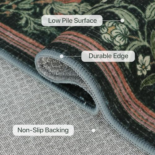 Bavni 2'6" x 8' Runner Rug, Washable Non Slip Hallway Runner Rug, Boho Floral Carpet for Entryway, Kitchen, Laundry Room, Soft Ultra Thin Botanical Long Rug for Indoor Floor, Dark Green - color: Dark Green, size: 2'6" x 8' (Rectangular)