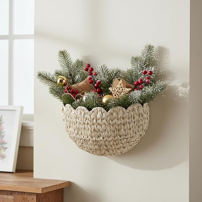 Wicker Wall Basket,Scalloped Hanging Wall Basket for Storage and Organizing,Wicker Decorative Storage Baskets for Flower,Magazine,Nursery,Front Door,Bathroom Boho Decor