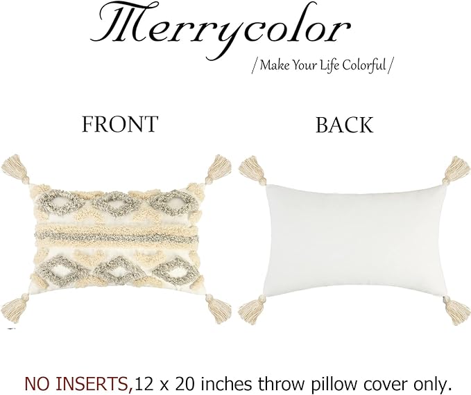 Merrycolor White Grey Boho Throw Pillow Covers 12x20 with Tassels Tufted DecorativeThrow Pillows Neutral Accent Pillowcase Farmhouse Square Cushion Covers for Couch Sofa Bedroom Living Room