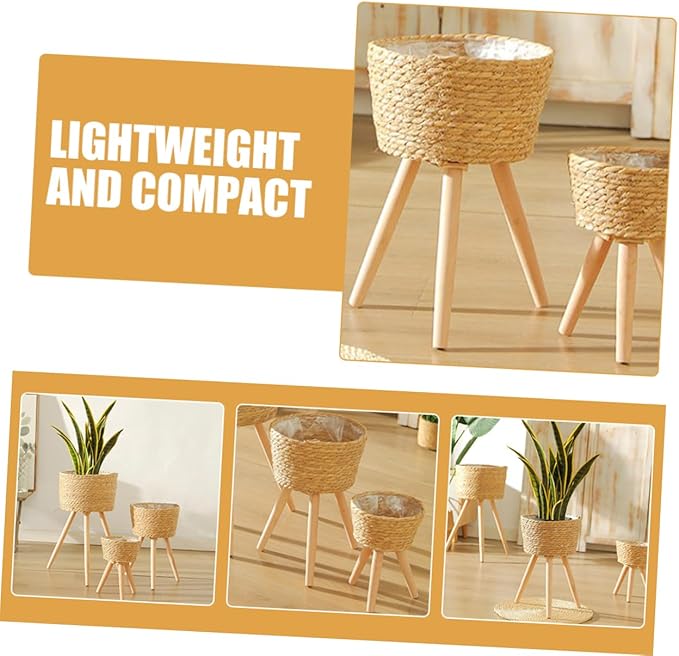 Wooden Woven Vines Plant Pot Stand for Living Room Decor Boho Style Garden Home