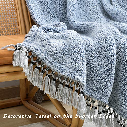 Ultra Soft Cozy Sherpa Throw Blanket, Light Weight Warm Decorative Throw Blanket with Tassel, 2 Tones Ombre Navy Blue Pattern Reversible Boho Style Blanket for Sofa, Couch, Bedroom,Travel, 50”x60” - color: Blue With Tassel, size: Throw-50'' x 60''