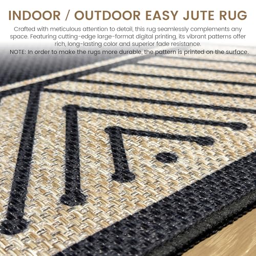 Washable Modern Easy Jute Rug 3x5, Black Outdoor Indoor Patio Striped Neutral Small Bordered Rugs, Woven Non Slip Thin Carpet Mat for Living Bedroom Entryway Front Door Farmhouse Doorway Kids - color: Modern Black, size: 3' x 5'