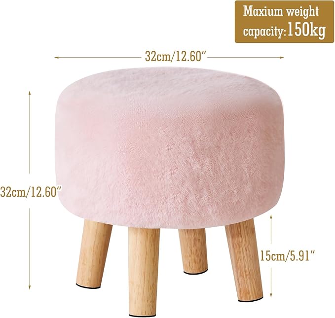 YMYNY Round Pouf Ottoman Small Foot Stool Faux Fur Foot Rest for Couch Modern Boho Footstools with Wood Legs for for Living Room Bedroom Office 12.6" D×12.6" W×12.6" H Pink UHBD035P