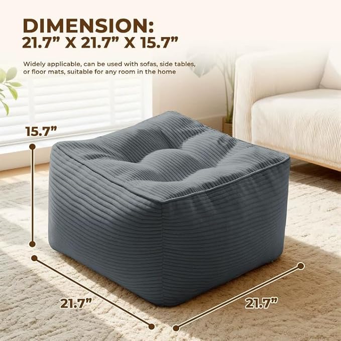 Square Pouf Ottoman, Boho Stuffed Square Poufs Ottomans Foot Rest with Memory Foam Filled 21.6 x 15.7 inches Modern Corduroy Ottoman Foot Rest Stool for Living Room, Gray