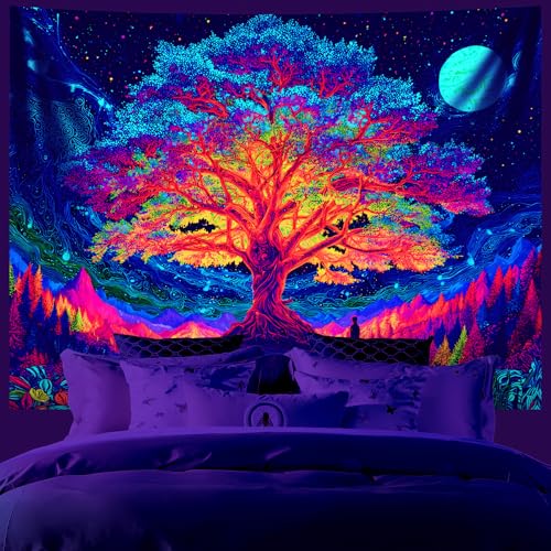 AOHMPT Blacklight Tree of Life Tapestry Trippy Fluorescent Wall Hanging Psychedelic Moon Mountain Glow in the Dark Galaxy Tapestries for Bedroom Decor, 79x59 In - color: Tree(2), size: 79"L x 59"W