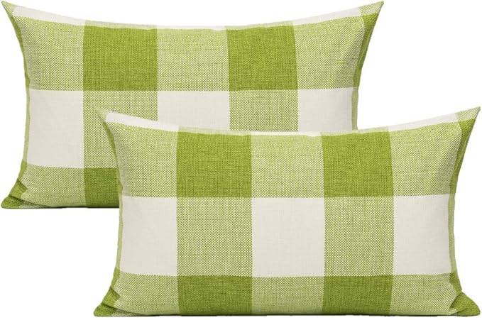 VAKADO 12x20 Inch Outdoor Green White Buffalo Plaids Decorative Lumbar Throw Pillow Cases Farmhouse Retro Checked Rectangle Cushion Covers Home Decor for Couch Sofa Set of 2
